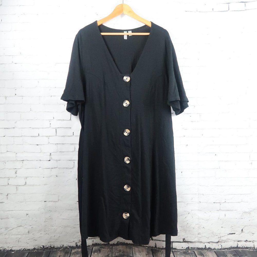 ASOS BLACK BELL SLEEVE V NECK BUTTON DOWN TIE BACK COTTON DRESS SIZE 20